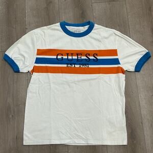 Guess Retro Ringer 90s Orange Blue White Stripe Tee T Shirt Size Small S B14